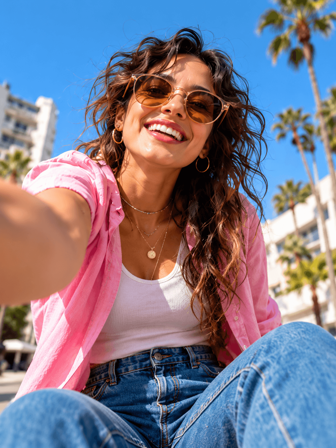 A creator in a pink shirt enjoying a sunny day